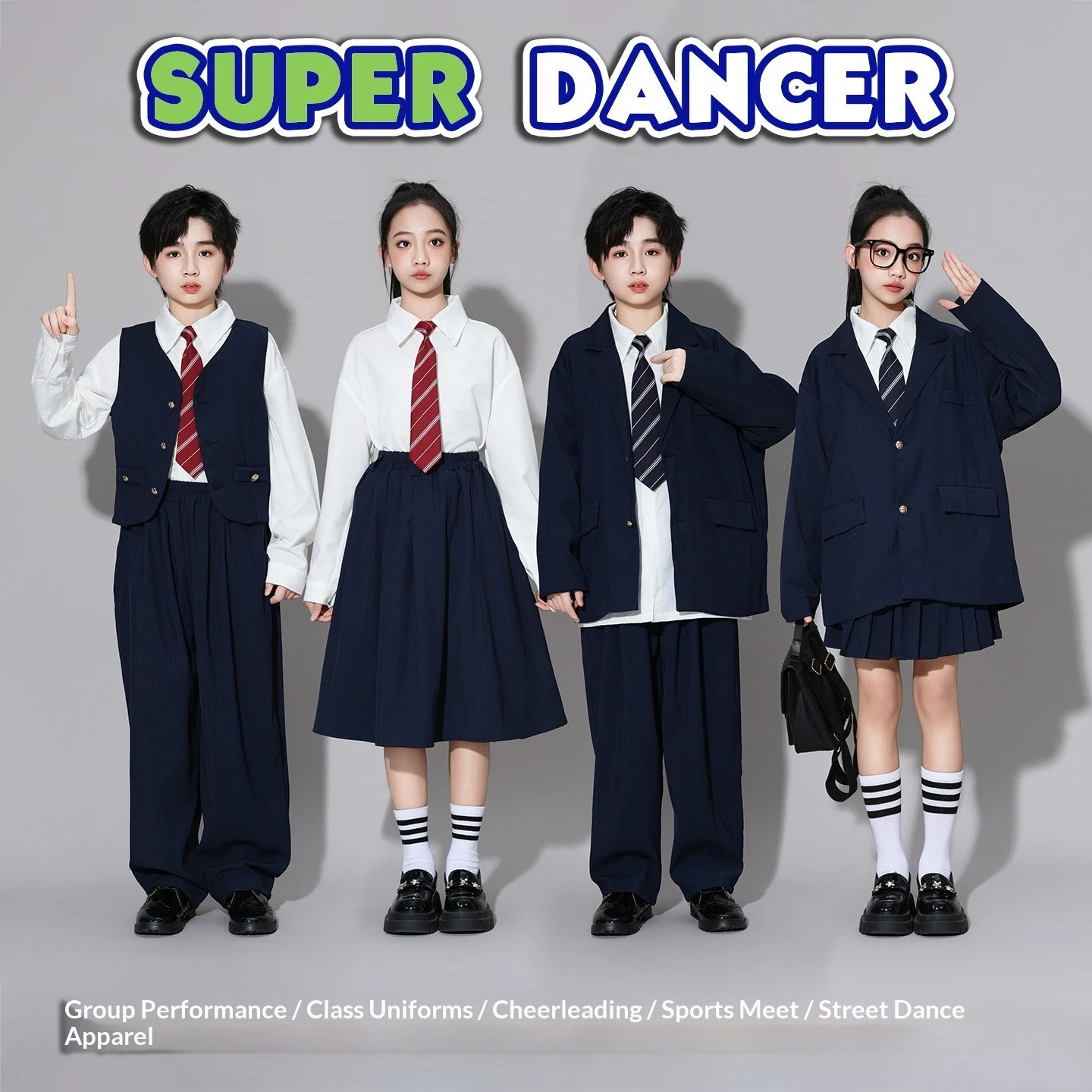 

Boys Girls Preppy Style Navy Blue Uniform Suit School Child Blazer Shirt Tie Outfit for Kids Street Dance Cheerleading Costume