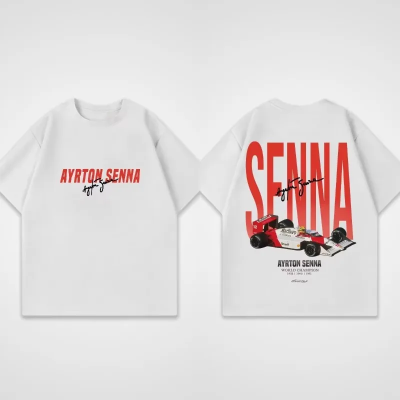 2026 Summer Casual Cotton Men's Round Neck T-shirt with Racing Print Ayrton Senna Summer Cool Short Sleeved Loose Shirt