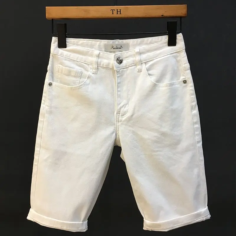 

2025 Summer White Half Pants Men's Trend Korean High-end Casual Denim Shorts Slim-fit Elastic Designer Man Clothes Trousers