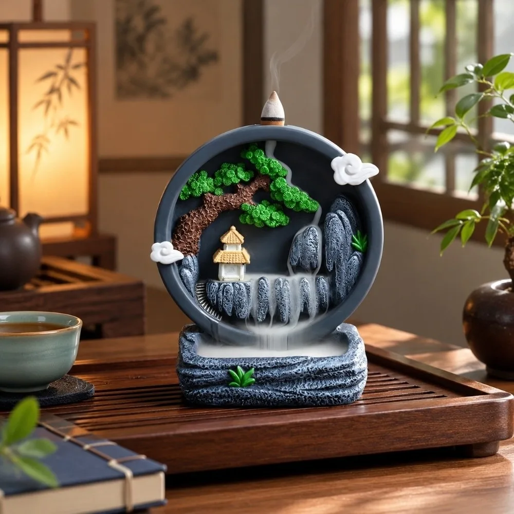 Resin Backflow Incense Burner River Waterfall Mountain Shape Waterfall Incense Burner Desk Ornaments Home Decor Incense Censer