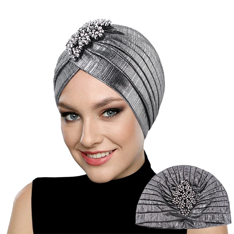 New Elegant Rhinestone Metallic Turban Hat Retro Stretchy Headband Bandana Caps Gold Hijab Head Wrap Beanie Muslim Chemo Cap