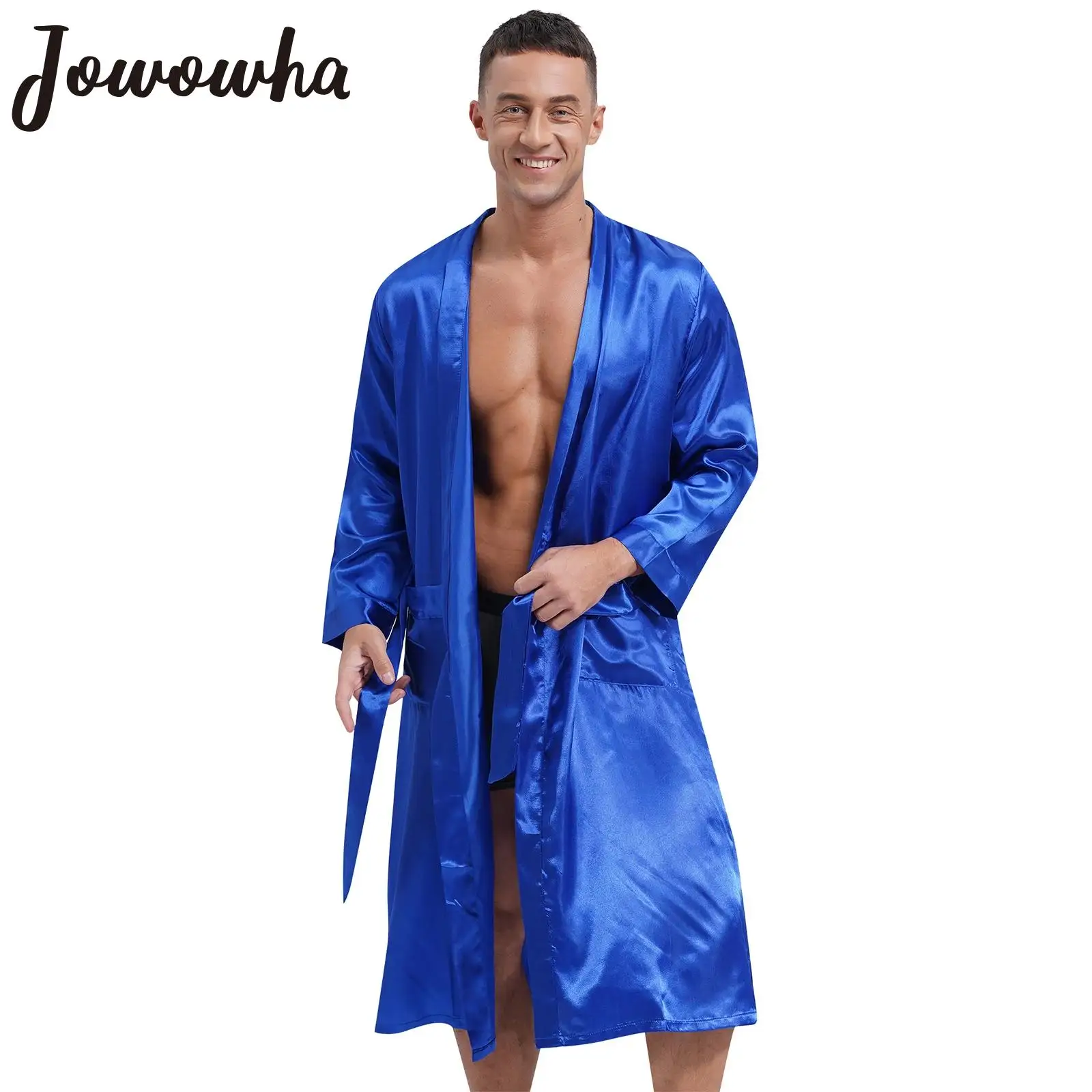 Mens Satin Bathrobe Long Sleeve Open Front Night Robe with Waist Belt Side Pockets Kimono Adult Loungewear Sleepwear Nightwear