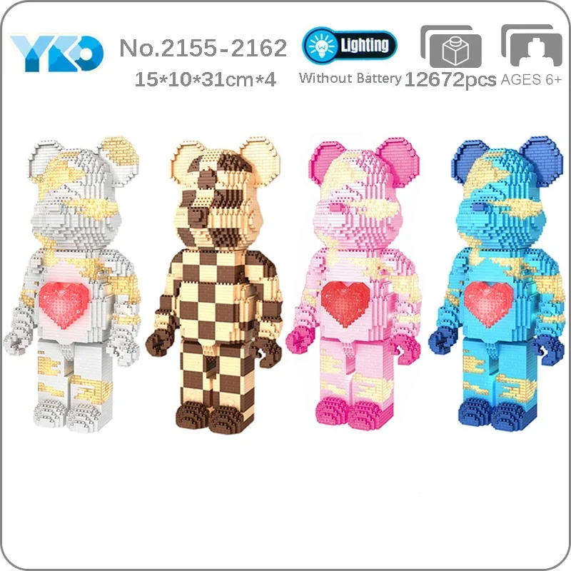 YKO Animal World Heart Plaid Bear Love Pet Doll LED Light Model Mini Diamond Blocks Bricks Building Toy For Children Gift No Box