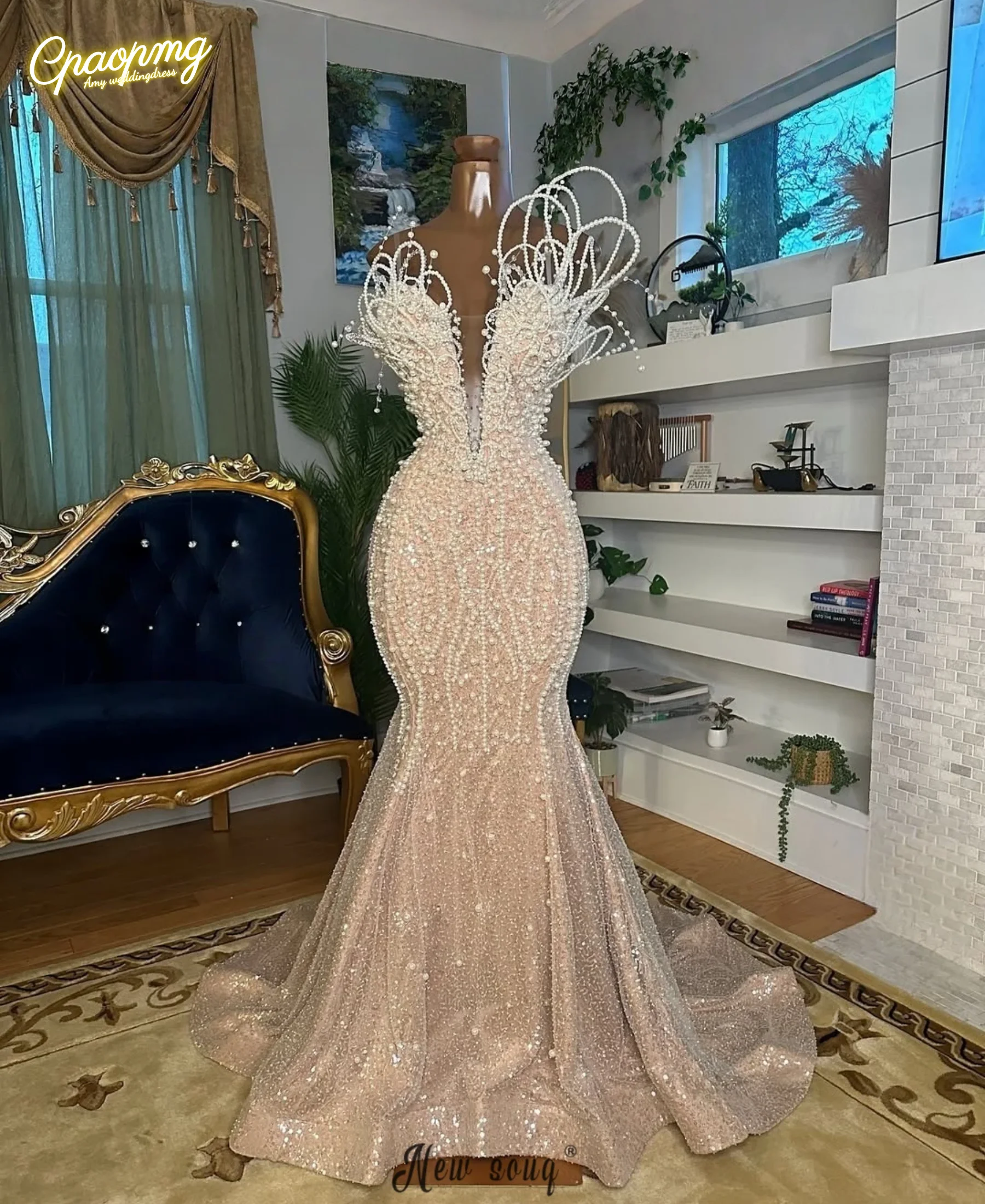 

Платье русалки телесного цвета с жемчугом по индивидуальному заказу для свадьбы, роскошные длинные свадебные платья, милые платья знаменитостей