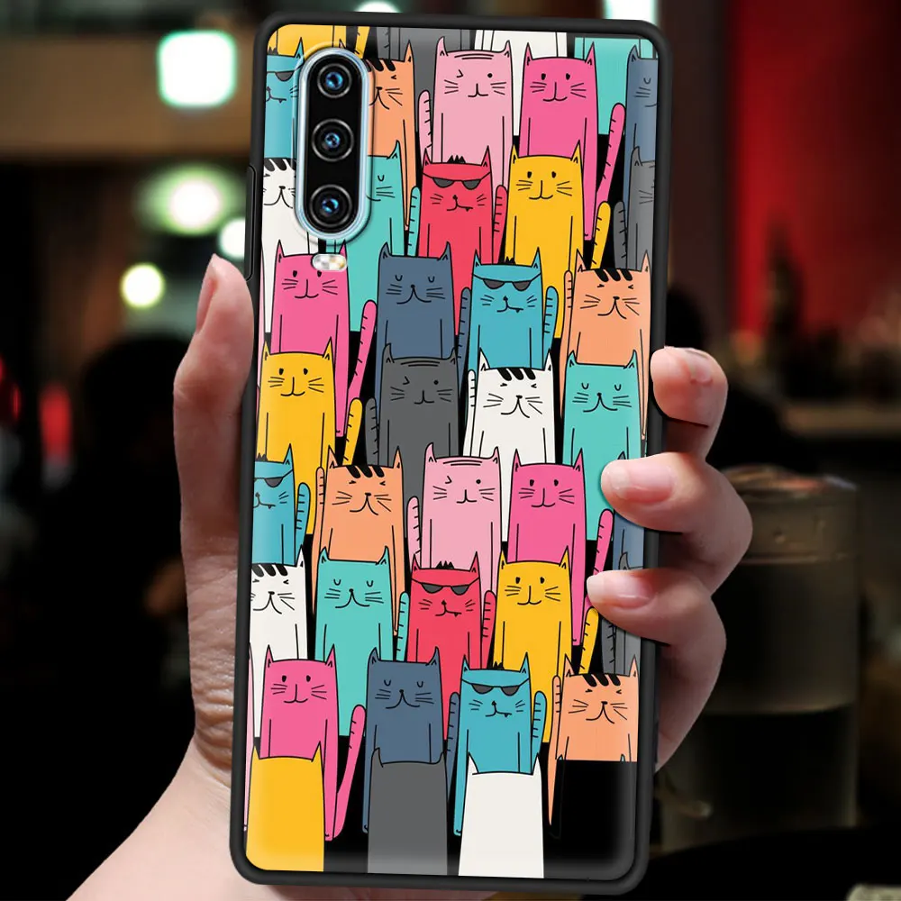 Cute Cat Cartoon Phone Case For Huawei P30 P40 Lite E P50 P20 Pro Y9 Y7 Y6 2019 P Smart 2021 Z Y6p Y7a Y9s Black Cover Silicone