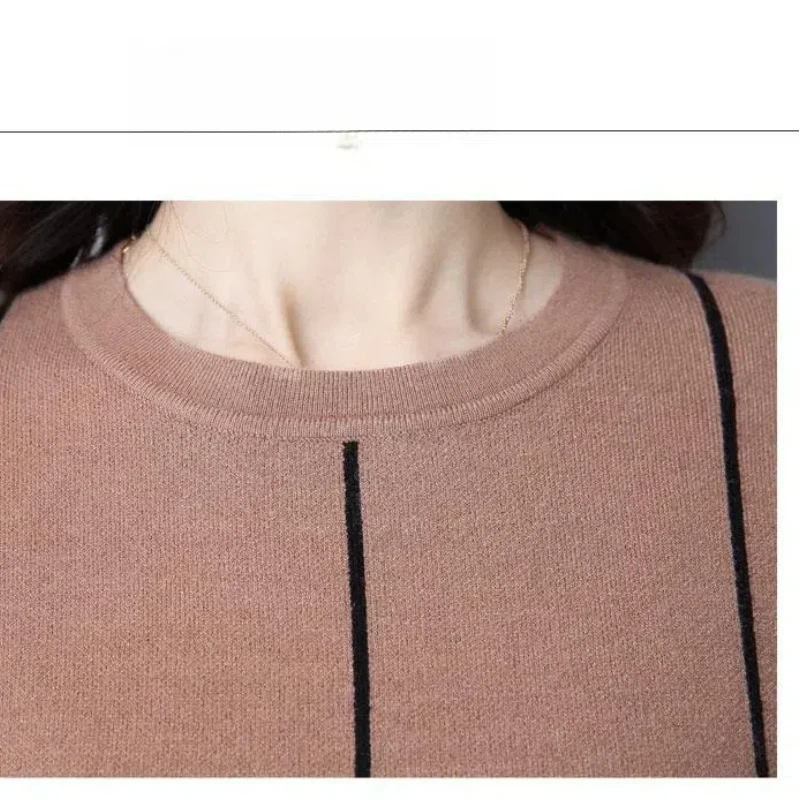 Knitted Long Sleeve Contrast Color Women\'s Clothing Crew Neck Striped Screw Thread Pullover Sweater Autumn Winter Loose Tops