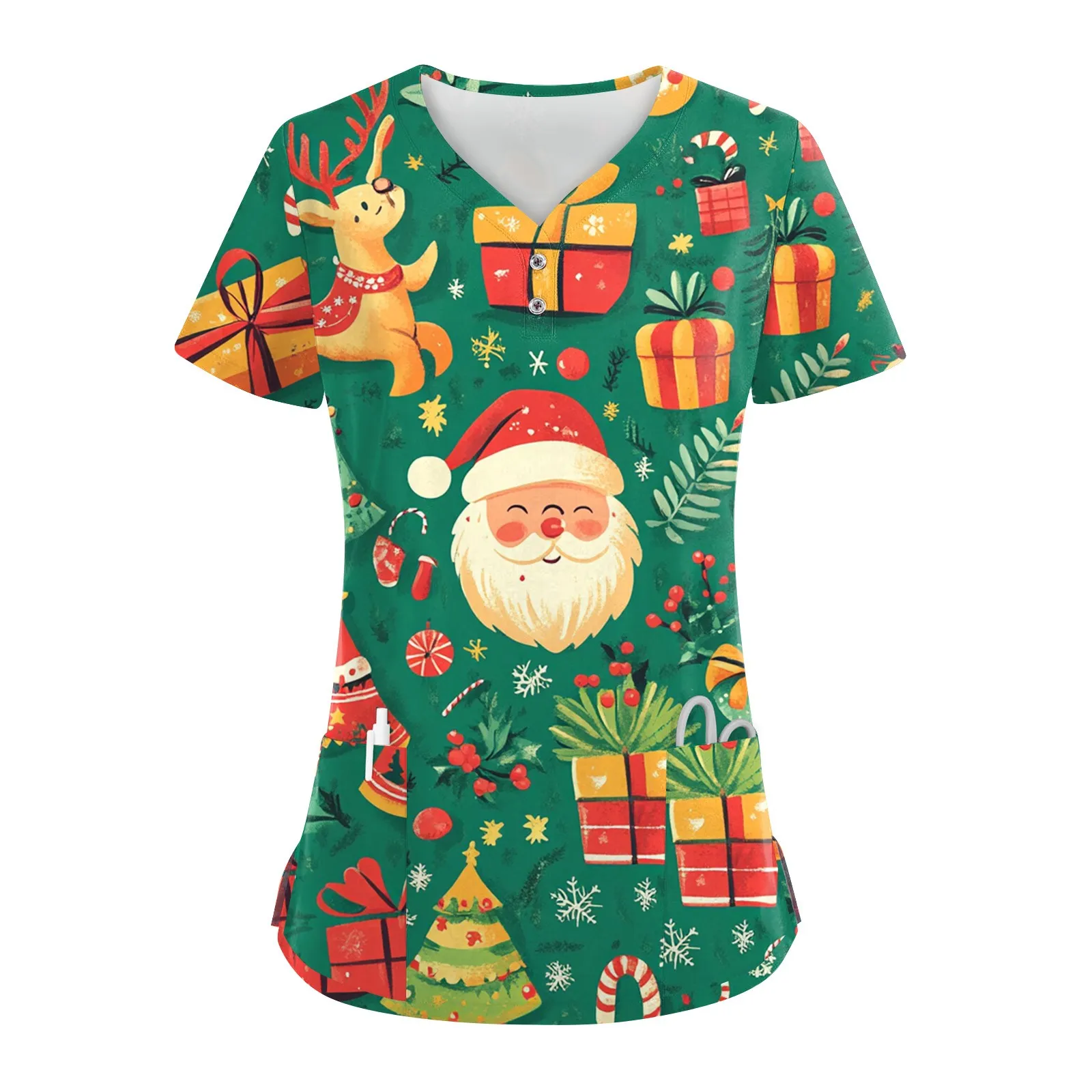 Nursing Uniforms Woman Short Sleeve Scrub Top Women's Uniforms Fashions Cartoon Christmas Print Pocket Blouse