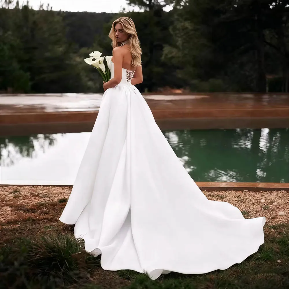 Customized Arrival Strapless Wedding Dress For Woman Bride Boat Neckline Mermaid Satin Back Floor Length Sweep Train Bridal Gown