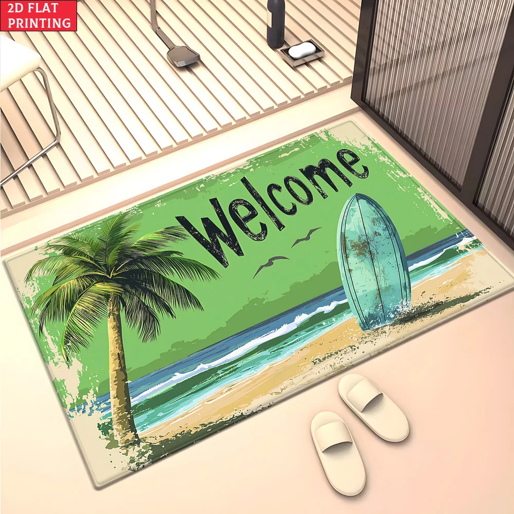 Tropical Beach Welcome Doormat Outdoor Entry Mat Coastal Surfboard Design Polyester Rug for Home Decor Front Door Entrance