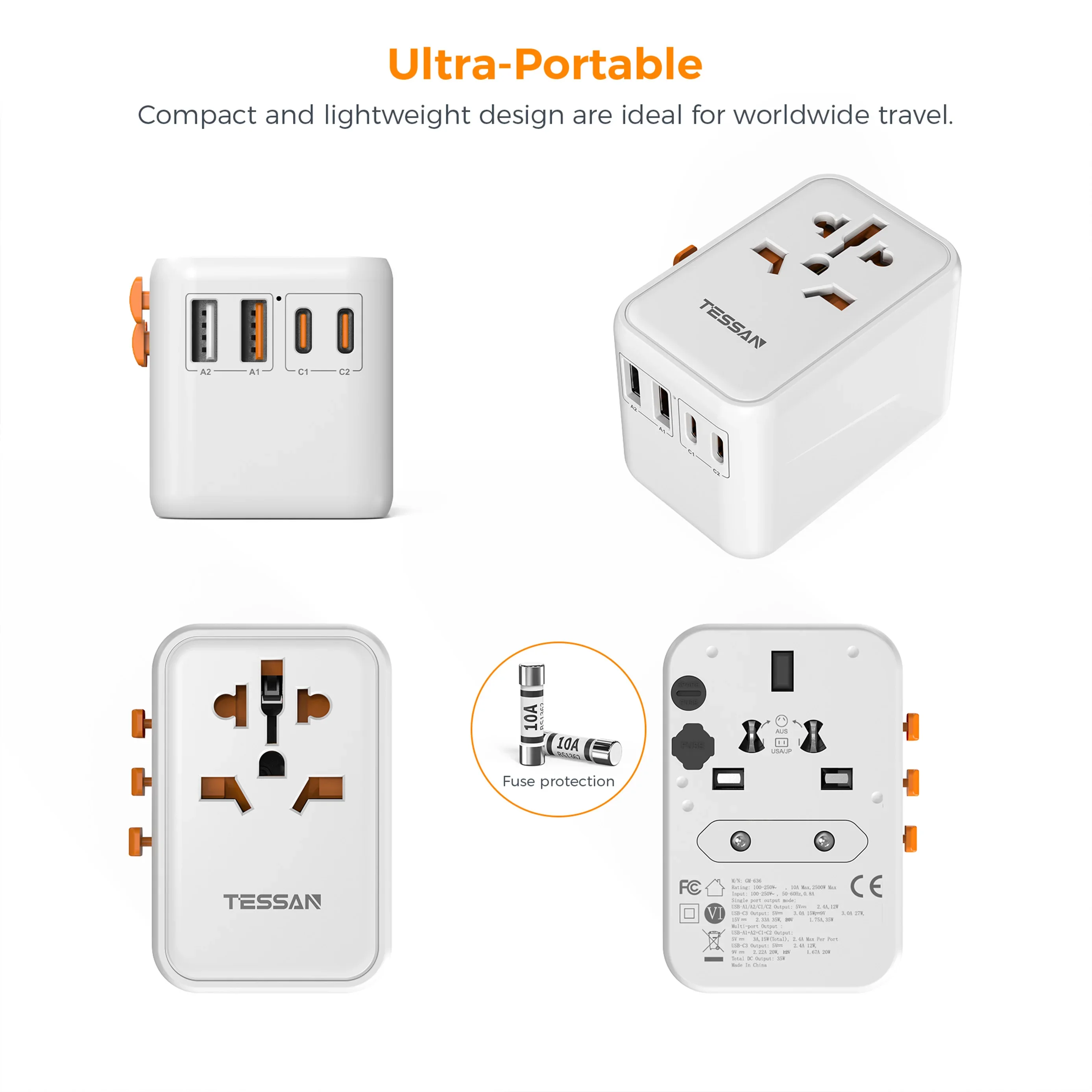 TESSAN Adapter podróżny Uniwersalne gniazdo z USB i adapterem zasilania typu C do szybkiego ładowania Wtyczka EU/UK/USA/AUS do podróży