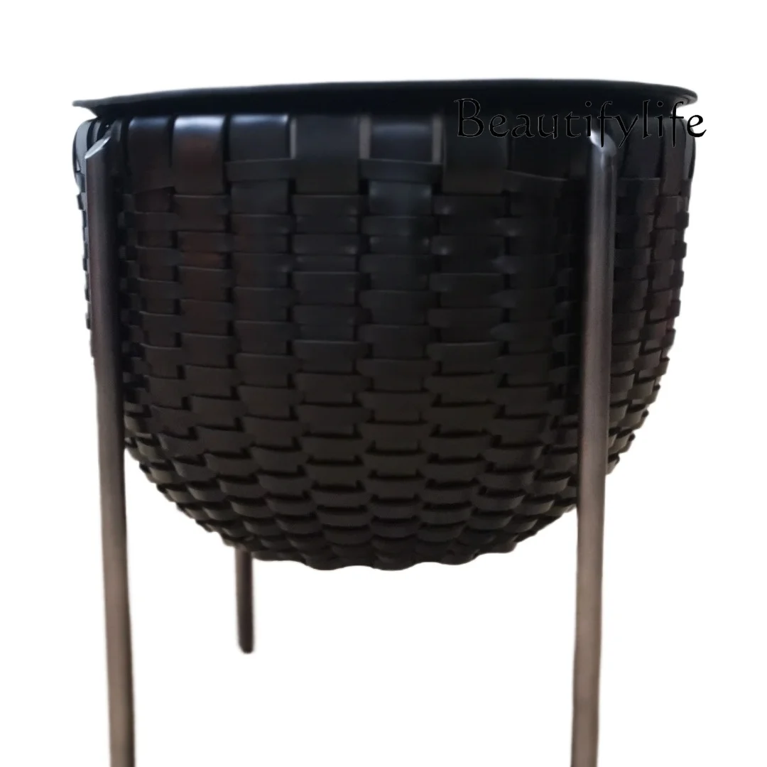 

Italian light luxury saddle leather woven round living room coffee table stainless steel creative corner table