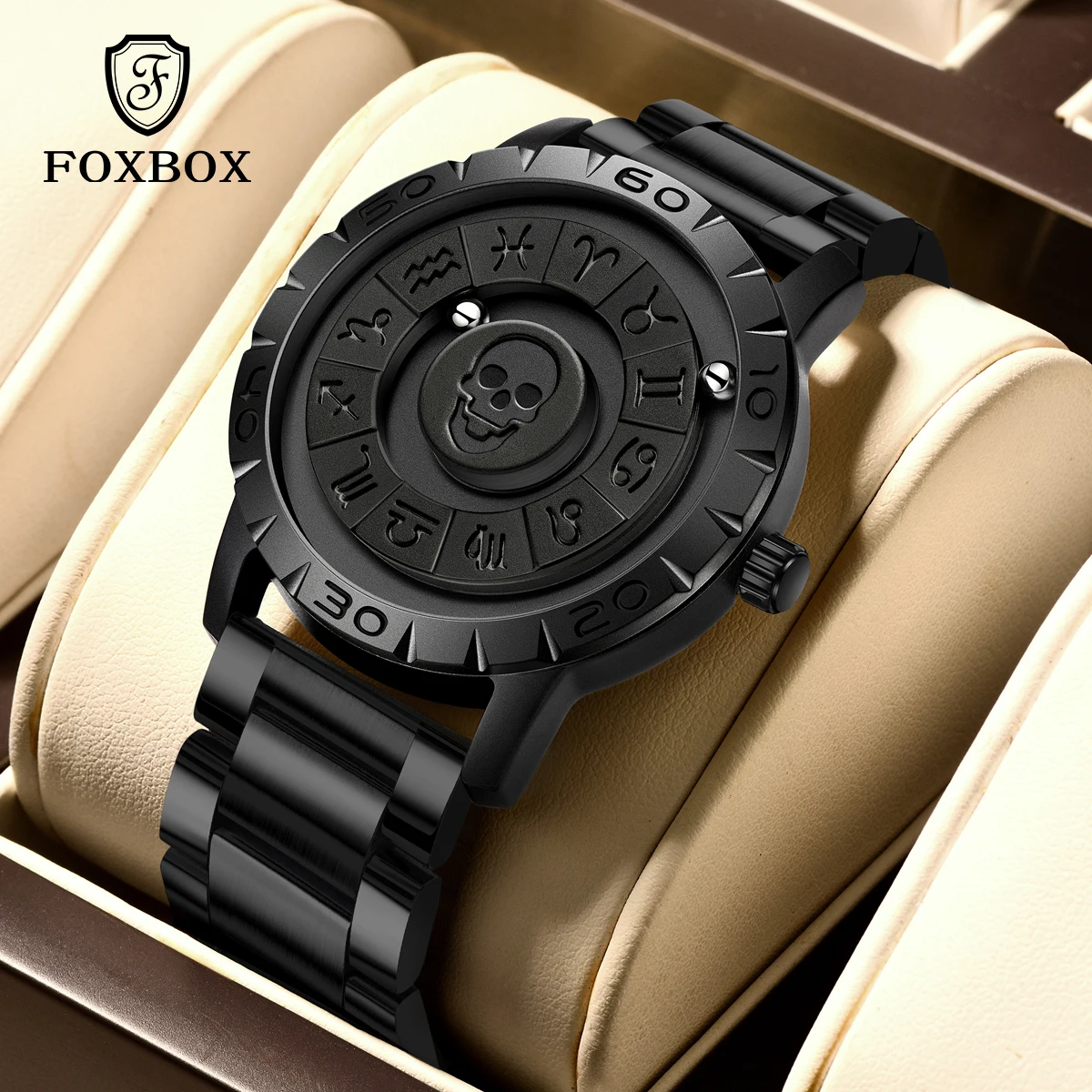 FOXBOX Top Brand Luxury Creative Srolling Bead Skull Quartz Man Watch Stainless Steel Casual Waterproof Magnetic Watches for Men