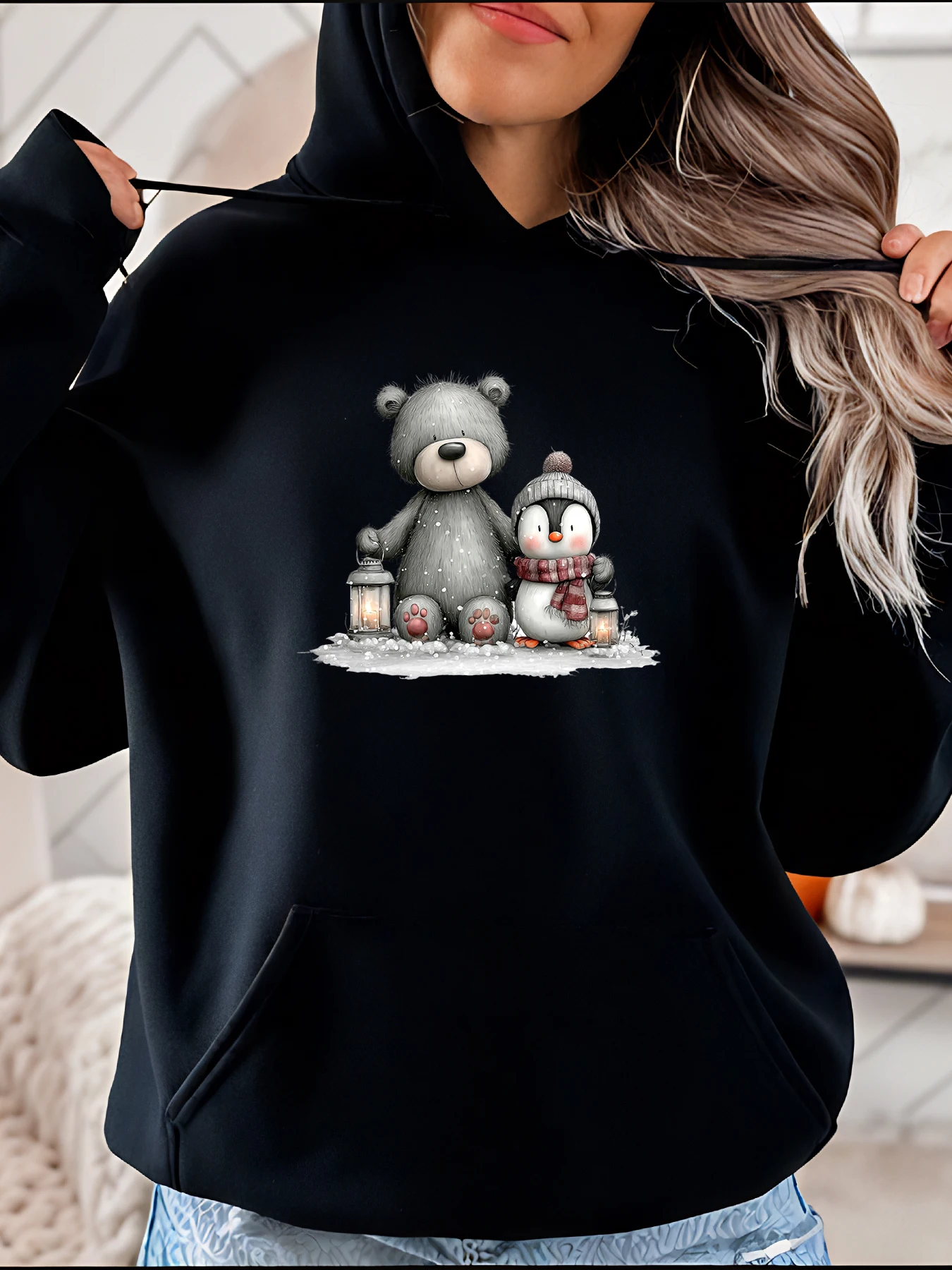 

Толстовка с принтом медведя и пингвина, зимняя милая толстовка с животным дизайном, унисекс, повседневная толстовка для женщин и мужчин, уютная уличная одежда