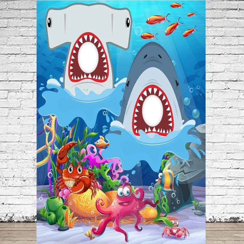 Photography Backdrop Scary Shark Attack Ocean Sea Animal Theme Door Face In Hole Pretend Play Party Games Background Poster