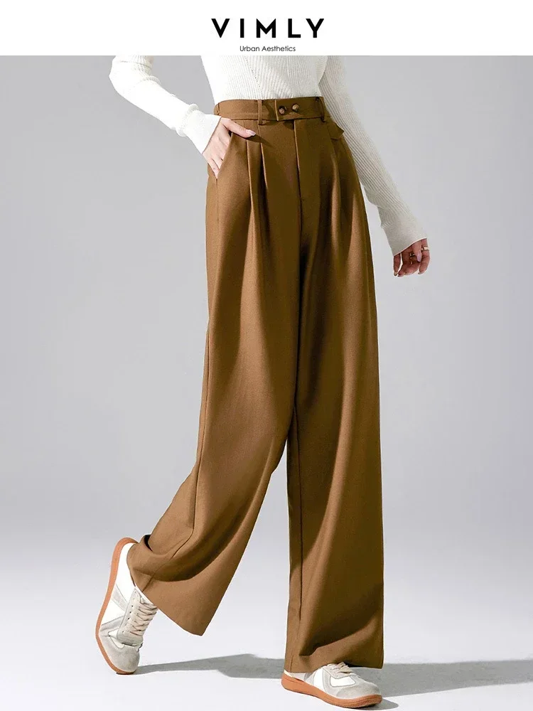 Vimly Coffee Elastic Waist Dress Pants for Woman 2023 Autumn New in Mopping Suit Pant Straight Loose Casual Trousers Women M3209