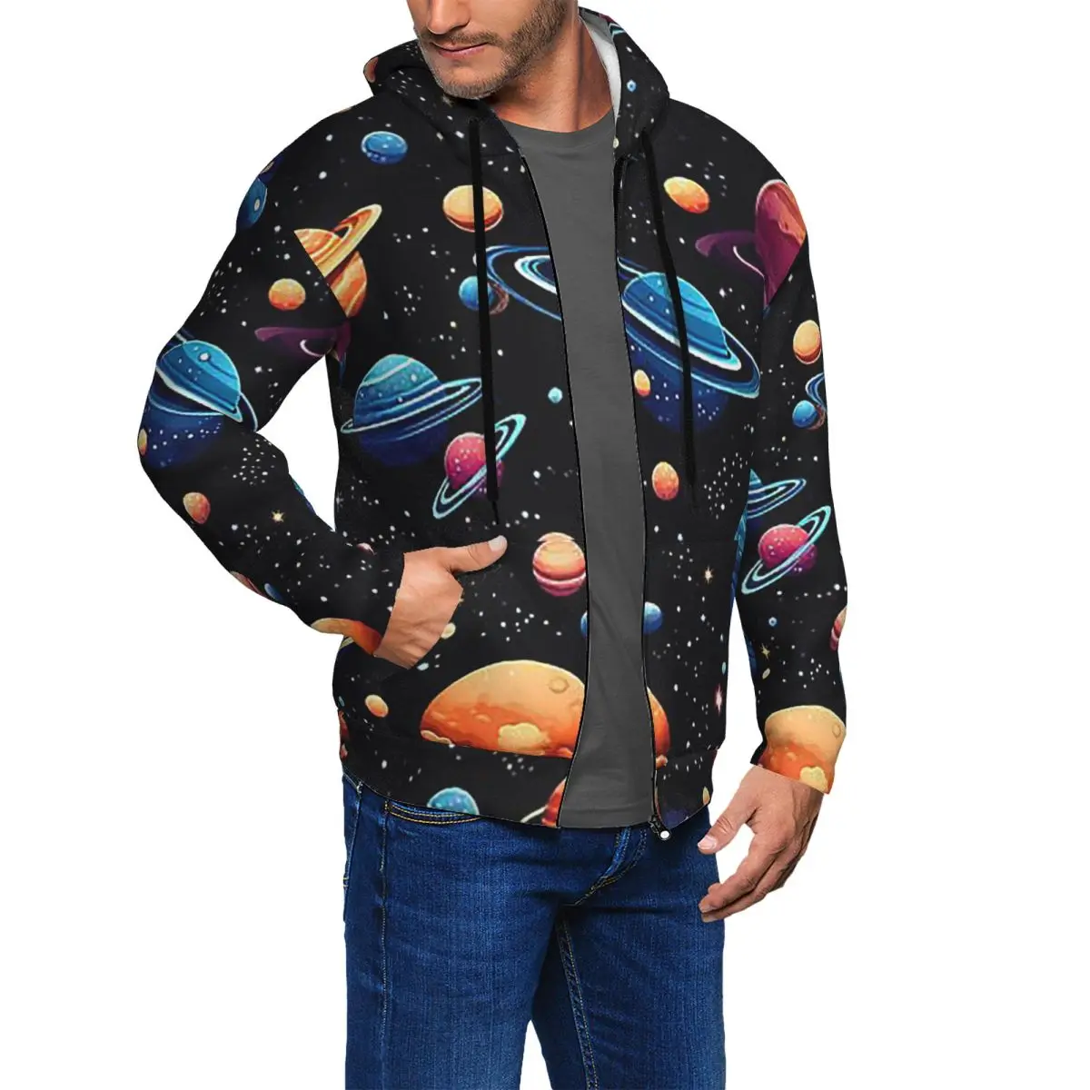 Solar System Space Planets Universe Zipper Hoodies Hip Hop Pullover Autumn Winter Men's Women's Sweatshirt Long Sleeve Tops