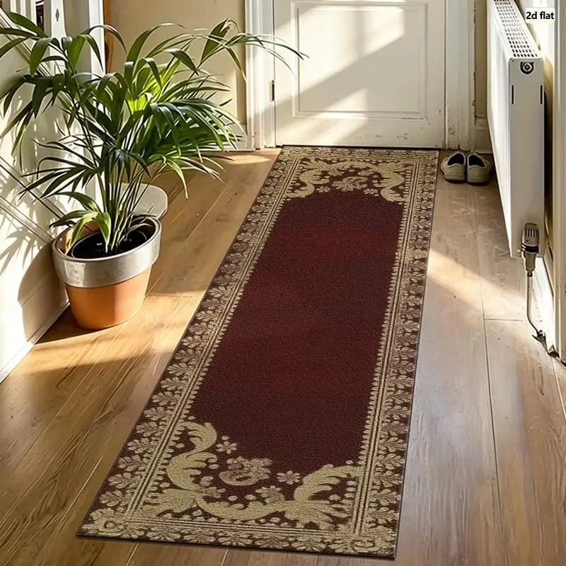 Vintage Baroque Border Carpet Flooring, Elegant Dark Red Floral Frame Area Rug for Living Room Bedroom Decor