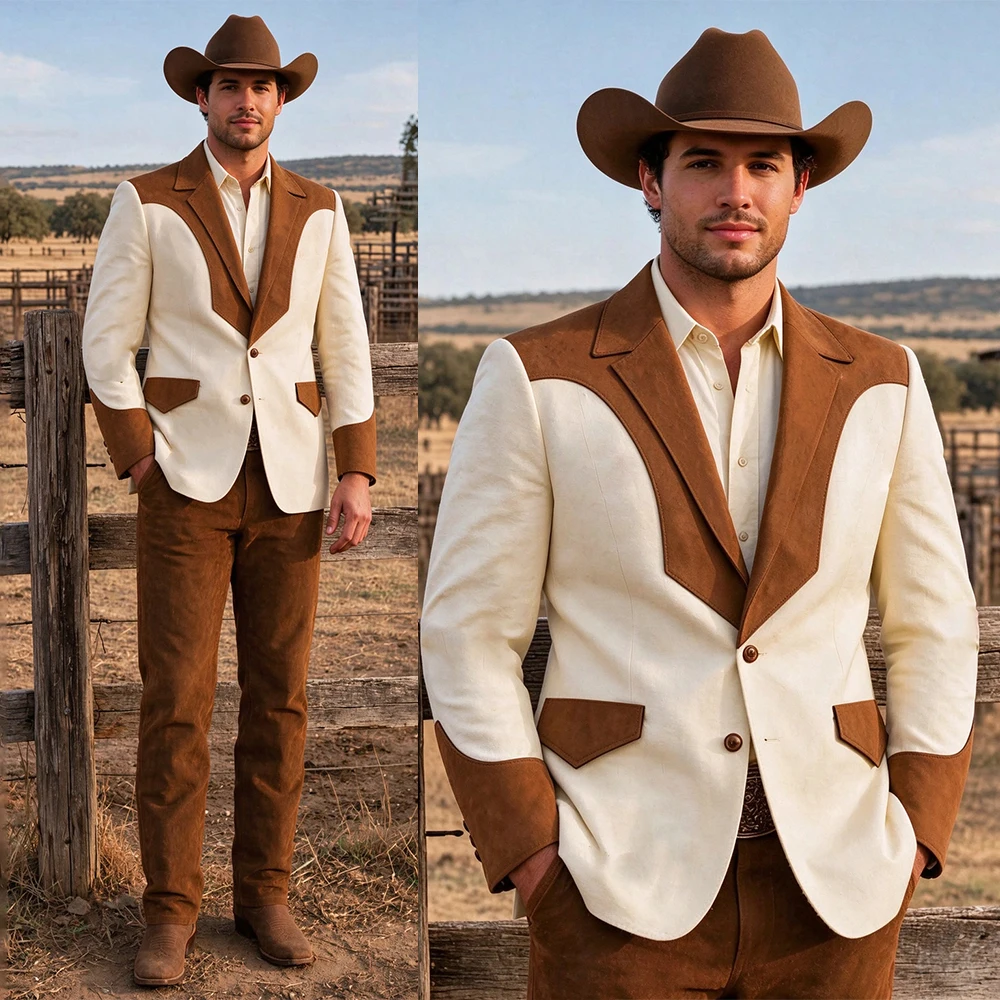 Vintage Cowboy Style Men Suit Notched Lapel Two Button Color Block 2 Piece Jacket Trousers Set Custom Village Prom Party Suits