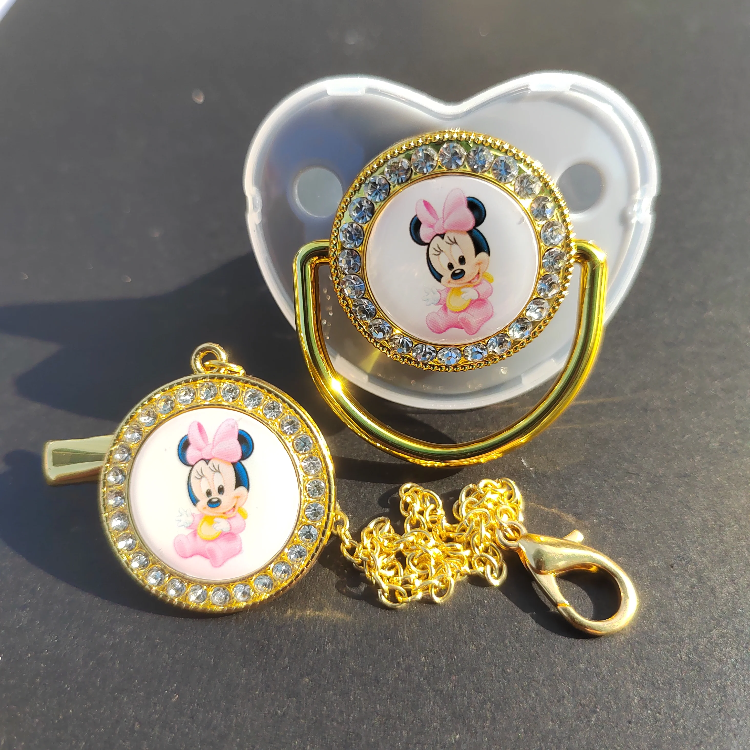 [Wysokiej jakości] Disney Mini obraz smoczek dla niemowląt z łańcuszkiem noworodek BPA silikonowy smoczek błyszczący Rhinestone Baby teether