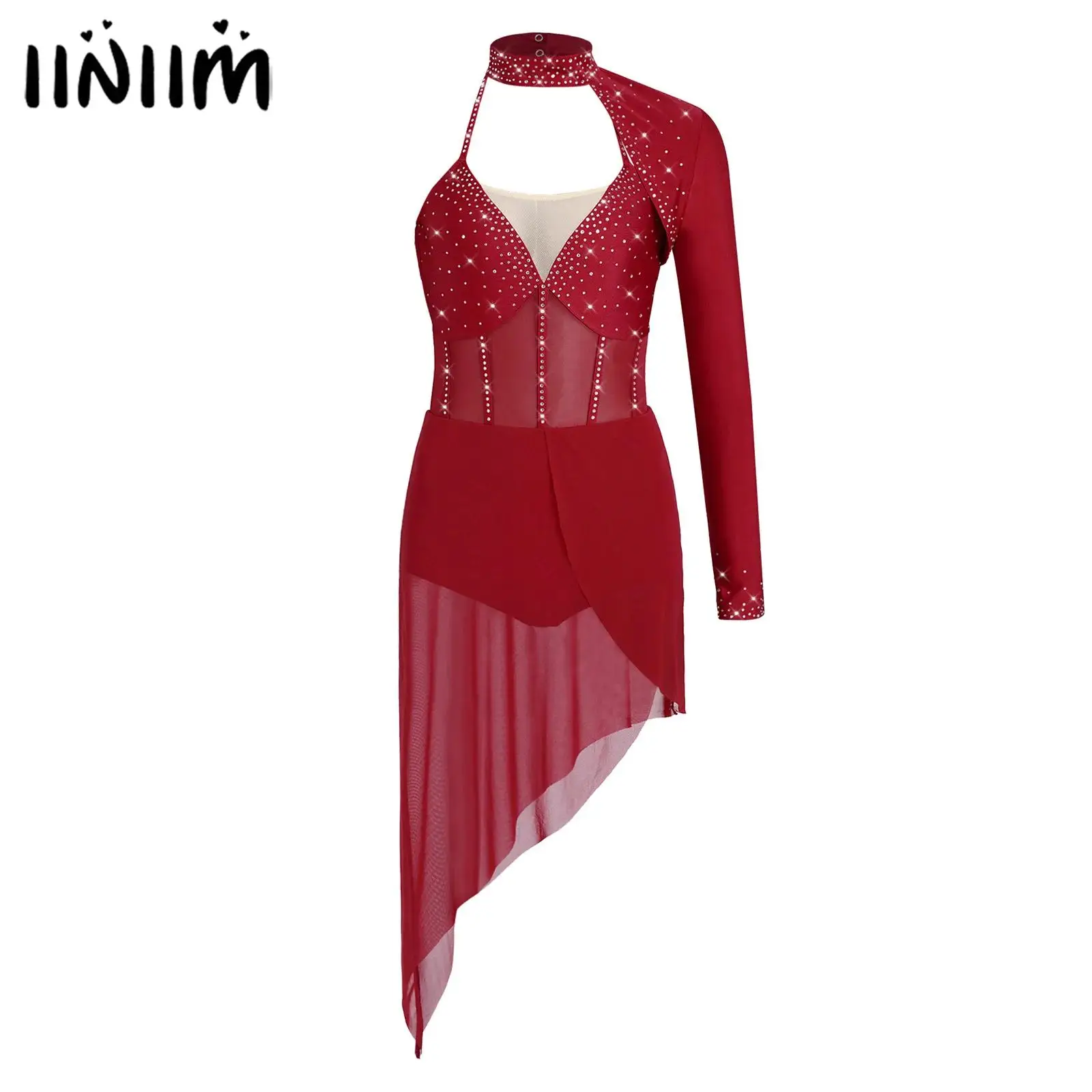 

Womens Adult Ballet Latin Dance Performance Dress Asymmetric Mesh Rhinestone Halter Dress Rhinestones Figure Skating Costume