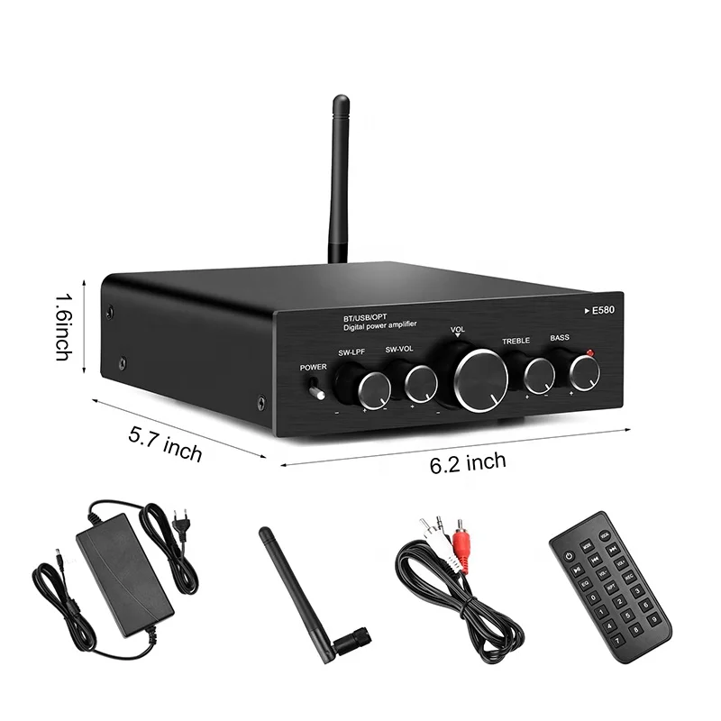 300W BT Mini Hi-Fi Audio Amp E580 2.1 Channel Amplifier Receiver with Bass Treble Control