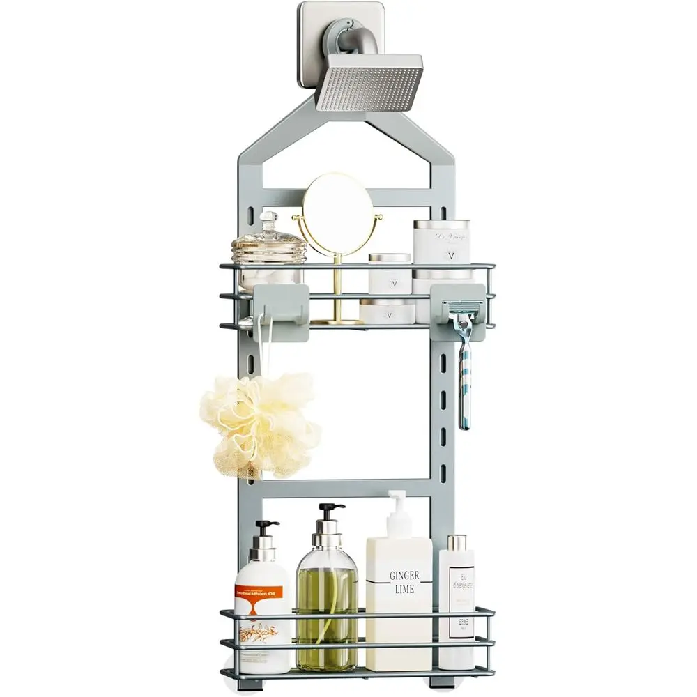 

Adjustable Anti-slip Shower Caddy, Rustproof Bathroom Hanging Organizer with 2 Hooks, No Drilling Shelves Storage Rack 2 Tier, L