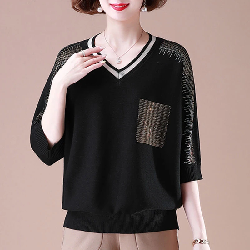 Elegant Fashion Rhinestone V Neck Short Sleeve Loose Patchwork Knitwear Women Spring Summer Casual Pullover Ladies Tops Clothing