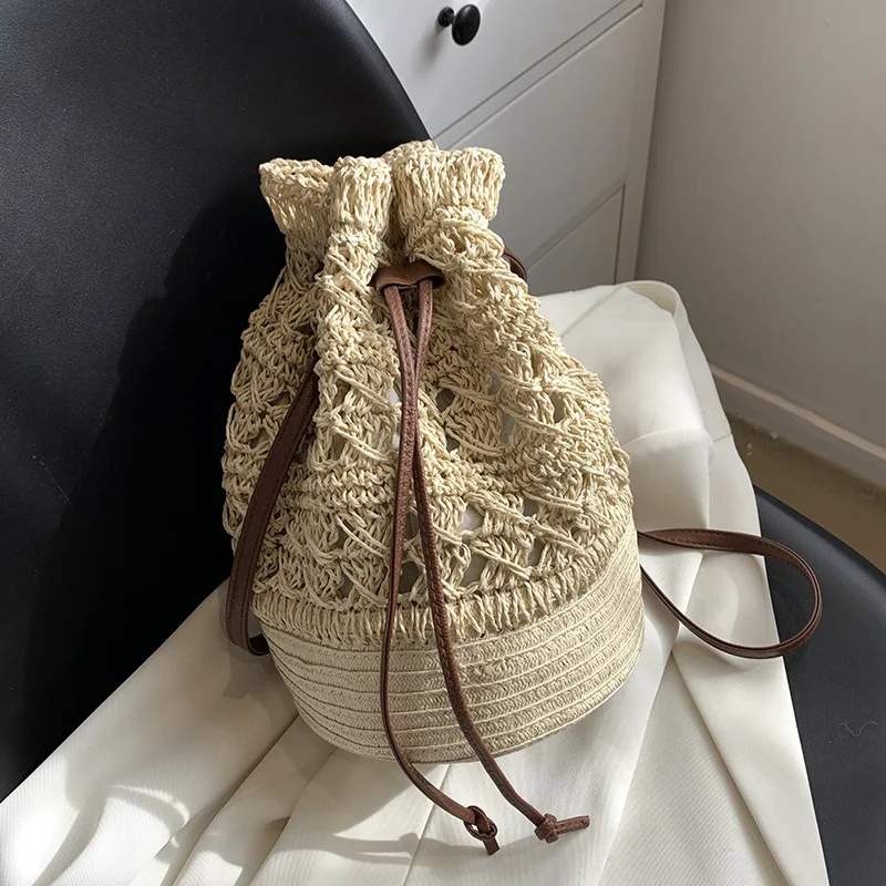 Handmade Women\'s Summer Straw Beach Shoulder Bag Woven Hollow Drawstring Shoulder Bags Knitted Fashion Female Design Travel Tote