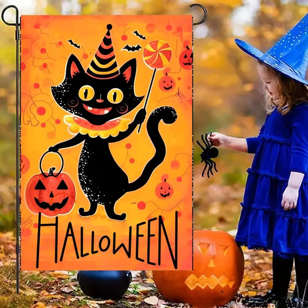 Halloween Black Cat Garden Flag 12x18 Inch Cute Pumpkin Witch Hat Yard Banner Double Sided Polyester Decoration AAI MZZ GGO