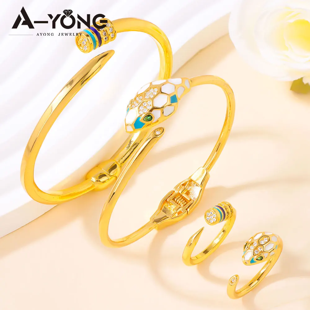 

Arabic Fashion Hip Hop Snake Jewelry Set 21k Gold Plated Punk Opening Bangles Rings Habesha Women Event Party Jewelrys