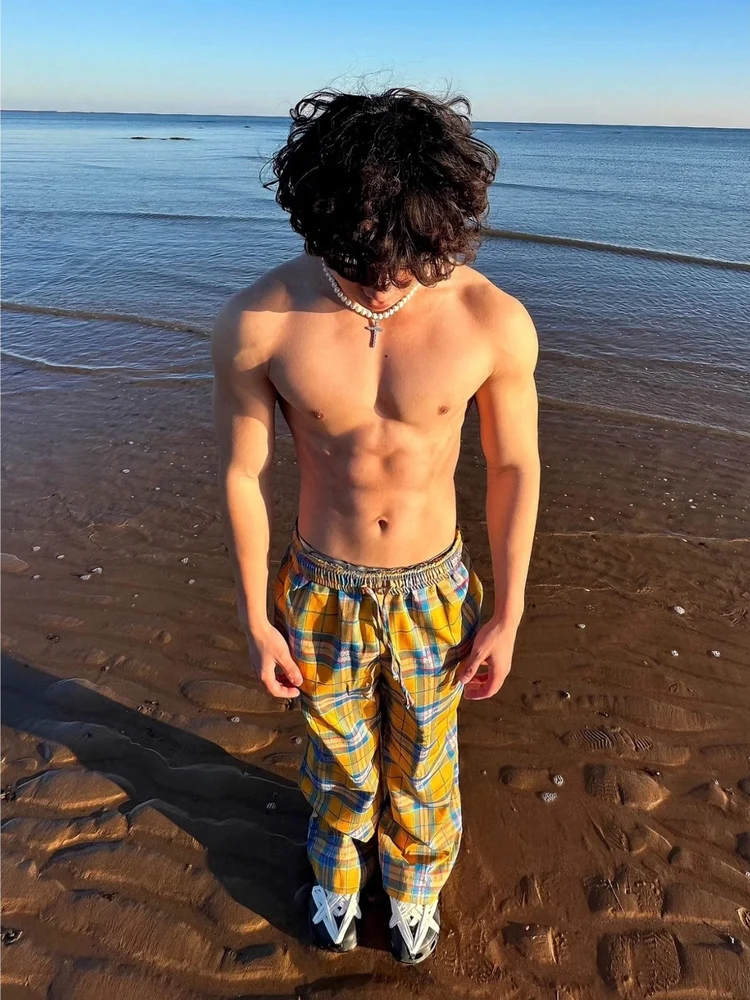 

Винтажные американские желтые клетчатые свободные прямые повседневные брюки ex Длинные брюки Пара прямых широких джинсов INS