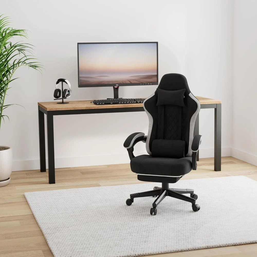 Game Chair, Computer Office Chair with Bagged Spring Pad, Linked Armrest and Footstool, High Back Ergonomic Computer Chair