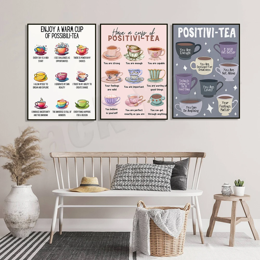 Drink a cup of tea positive poster, cup of tea motivational print, mental health, tea art, daily affirmation, therapist gift
