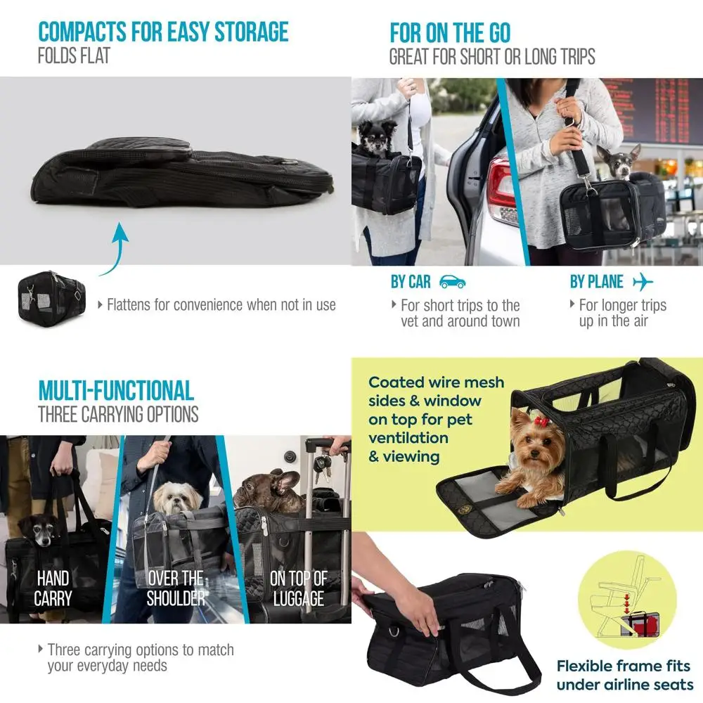 

Переноска для животных в салон автомобиля с пружинным каркасом, сетчатой вентиляцией, застежками-молниями - черная сетка, большая