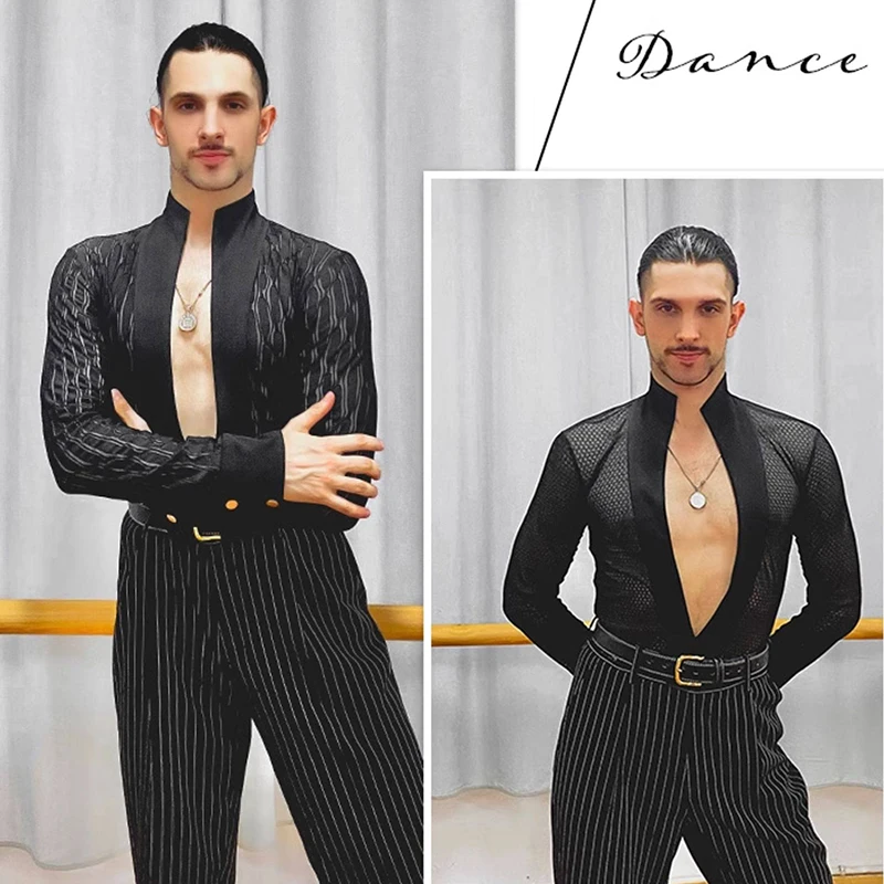 Male Sexy V-Neck Latin Dance Competition Tops Long Sleeve Tango Ballroom Dancing Clothes Samba Rumba Performance Costume VDB5185