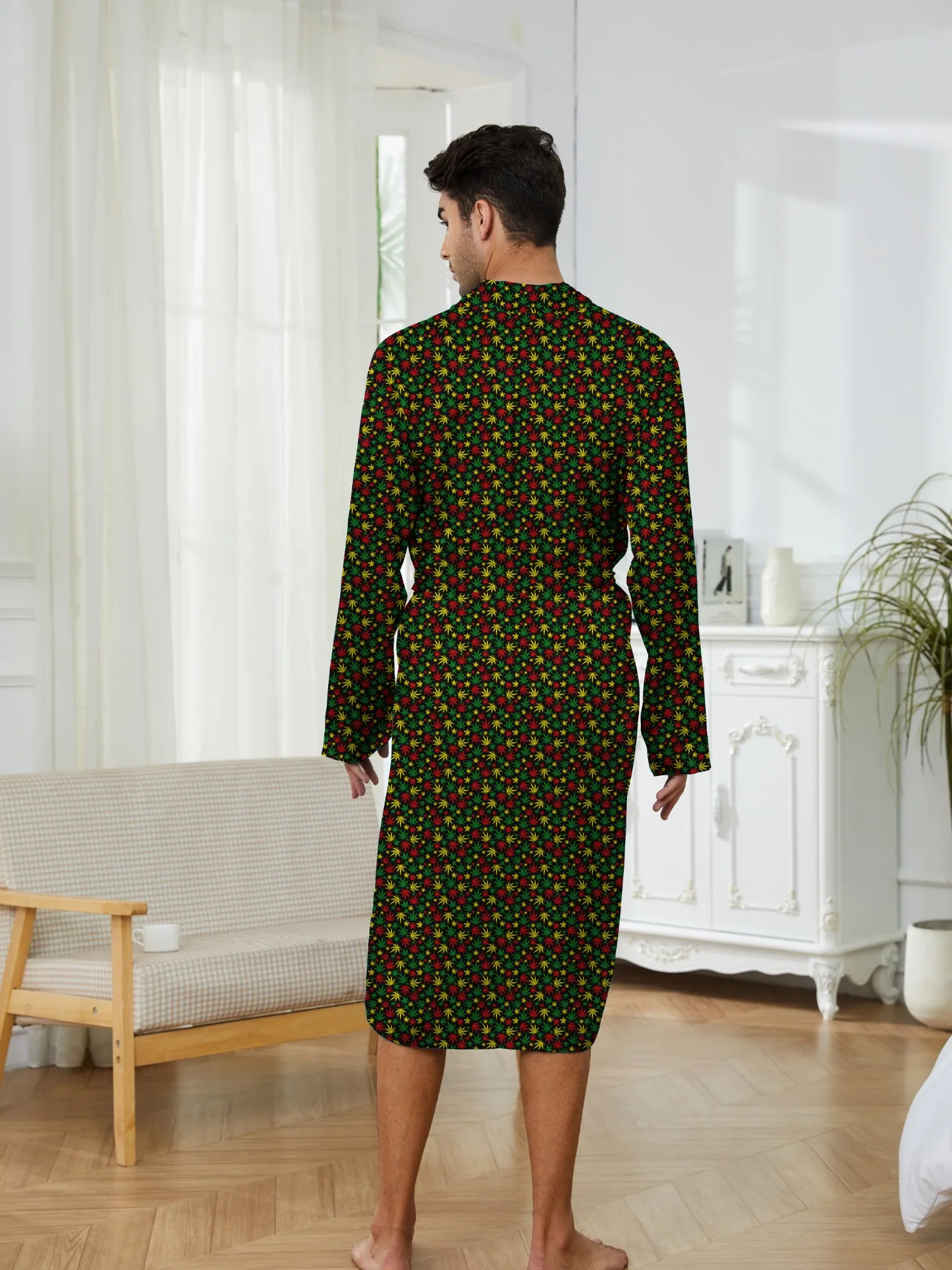 Trendy New digital printed leaf pattern Men's nightgown, spring and autumn casual home quick drying Men's robe