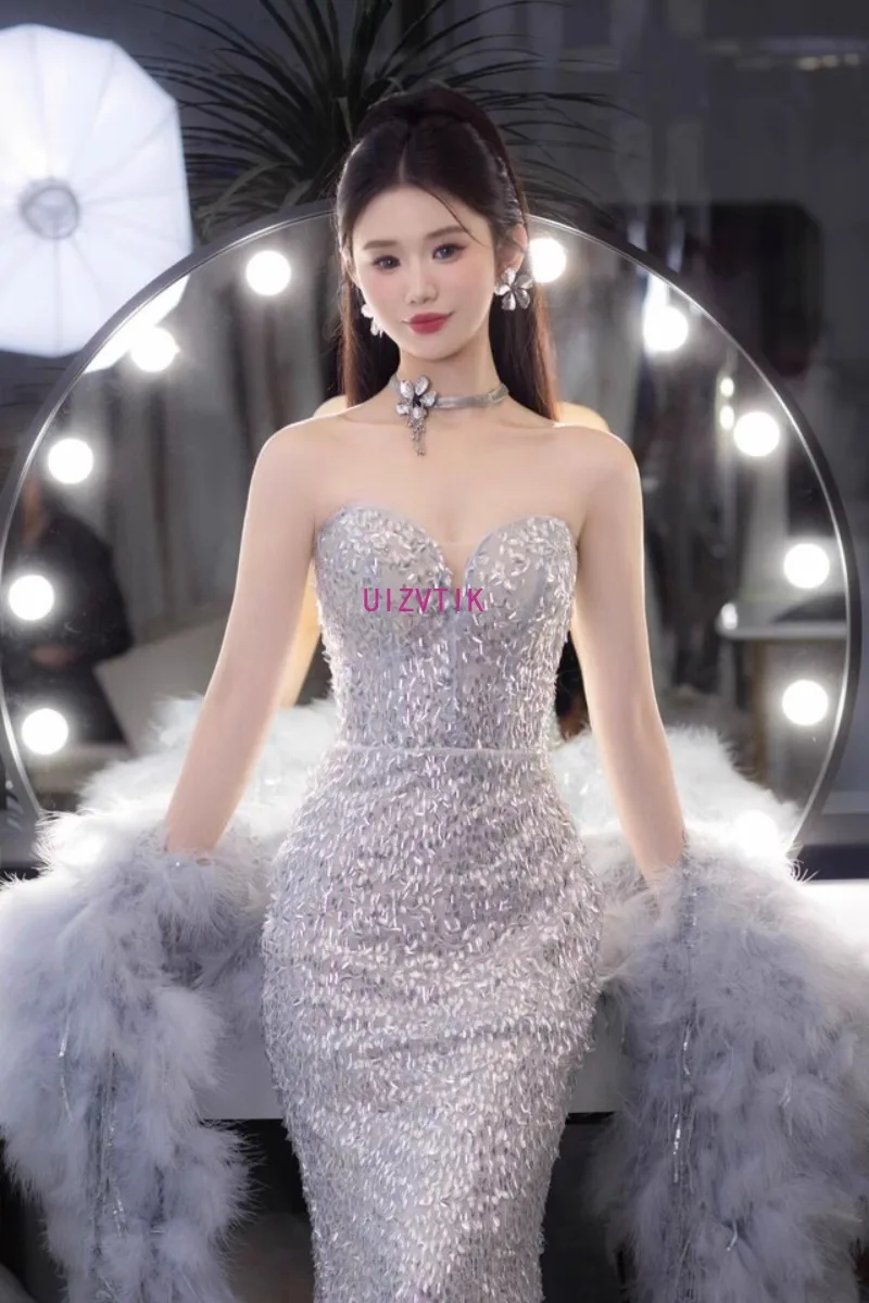 Vestidos de noche elegantes sin tirantes con lentejuelas para mujer con chal, vestido de fiesta con cuentas de lentejuelas, vestidos largos sexis de sirena para novia