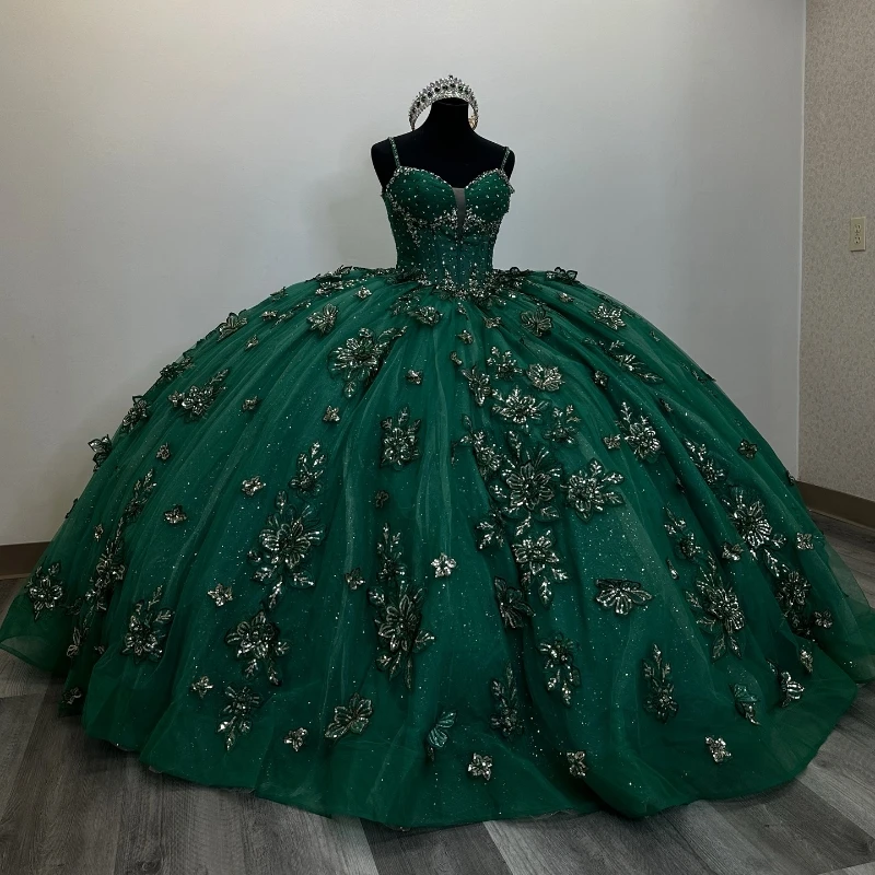 

Blackish Green GlitterTassel Ball Gown Quinceanera Dresses Spaghetti Strap Appliques Crystal Beading Tull Sweet 16 Dress Vestido