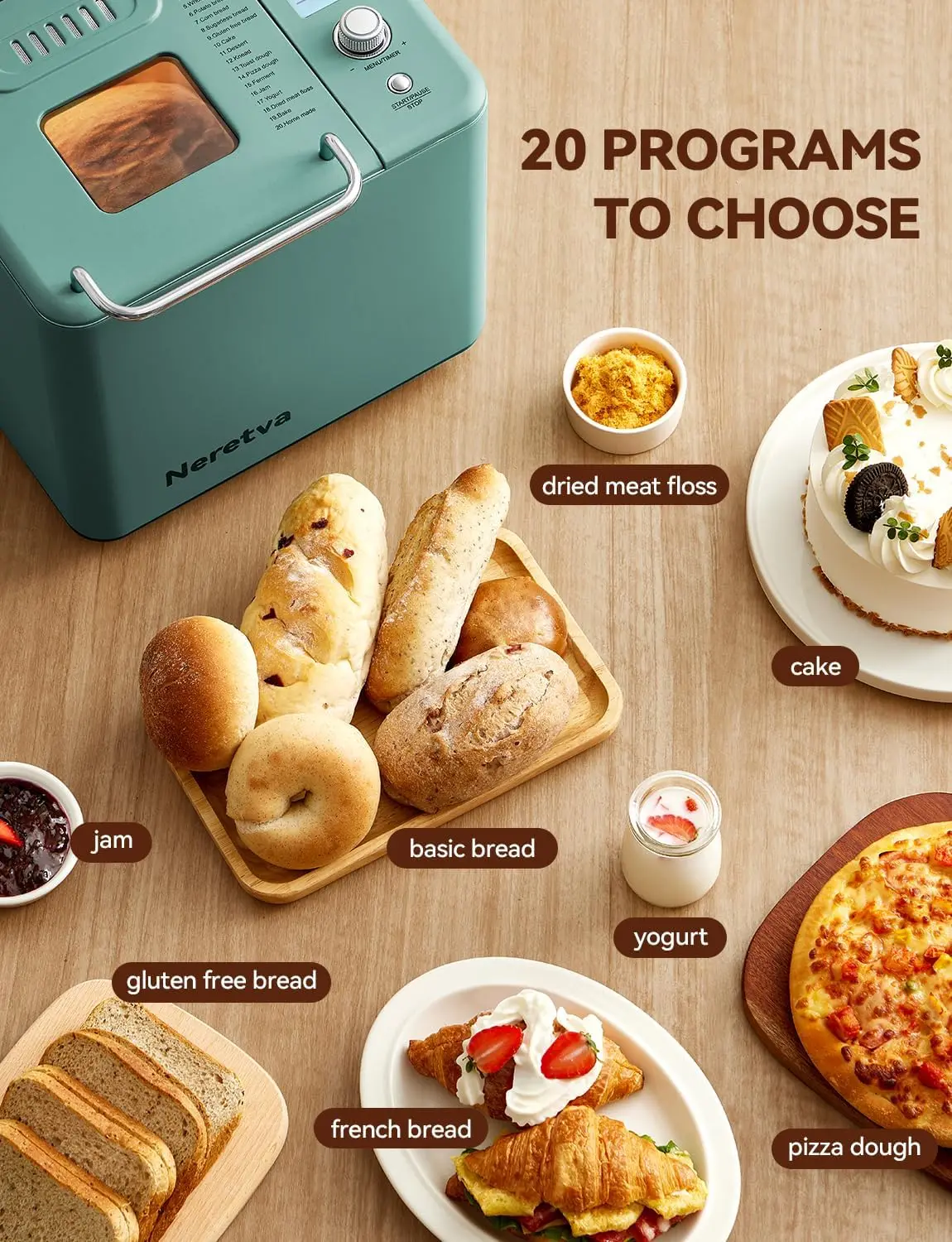 20-IN-1 Bread Maker, Dual Heater Bread Machine Metal Material & Nonstick Ceramic Pan Compact Bread Maker Machines