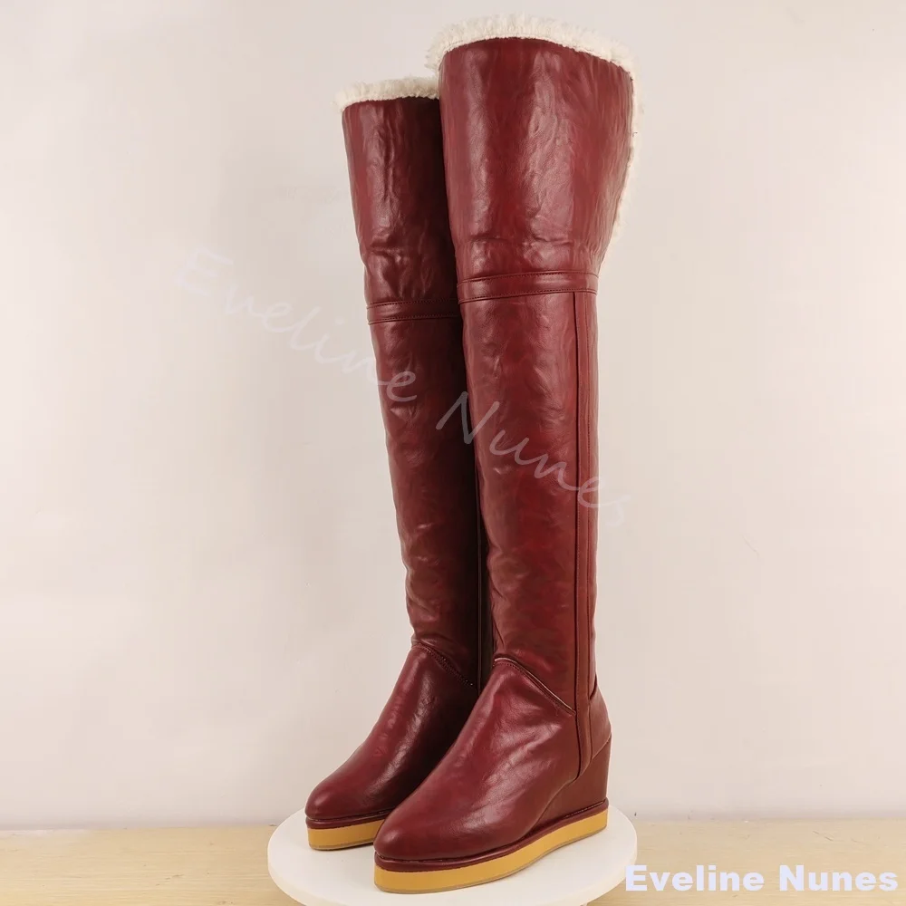Retro Red Leather Over The Knee Boots Women Round Toe Platform Wedges Lambskin Lambswool Folding Boots 2025 Casual Long Boots