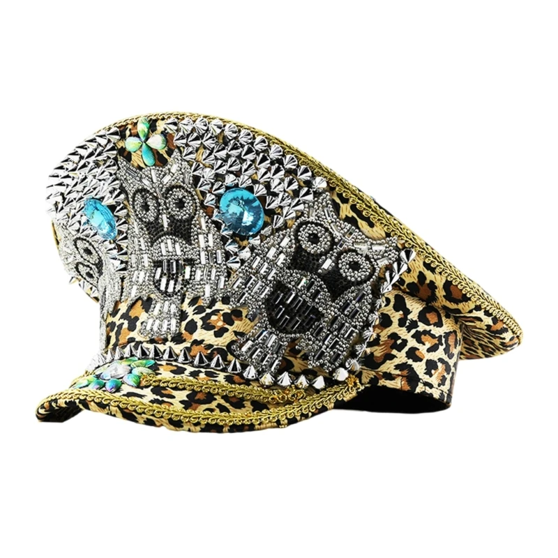 Leopard Rivet Marine Hat for Casual and Formal Event Music Festival Women Costume Caps Rhinestones Studded Cosplay Hat DXAA