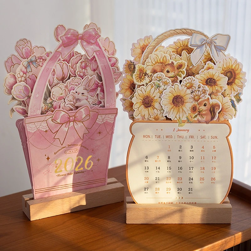 

Изысканный настольный календарь с кровавыми цветами на 2026 год, серия «Цветочный час, шпицы», календари с деревянной подставкой, офисные школьные принадлежности