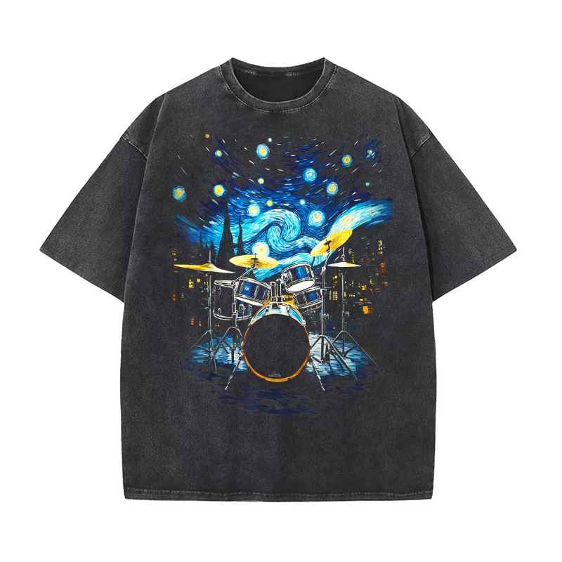 

Drum Kit Percussionist Drummer Van Gogh Drums Pure Cotton T-shirt For Man Oversized Art Graphic Clothing Printed