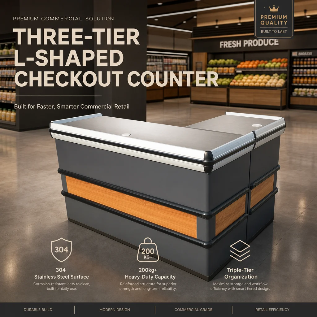 L Shaped Supermarket Checkout Counter Stainless Steel Top Wood Grain Cashier Desk Retail Store Custom Reception Table Set
