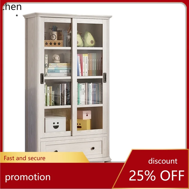 

HT sliding door bookcase with glass door floor-to-ceiling household living room solid wood shelf cabinet dust-proof bookshelf