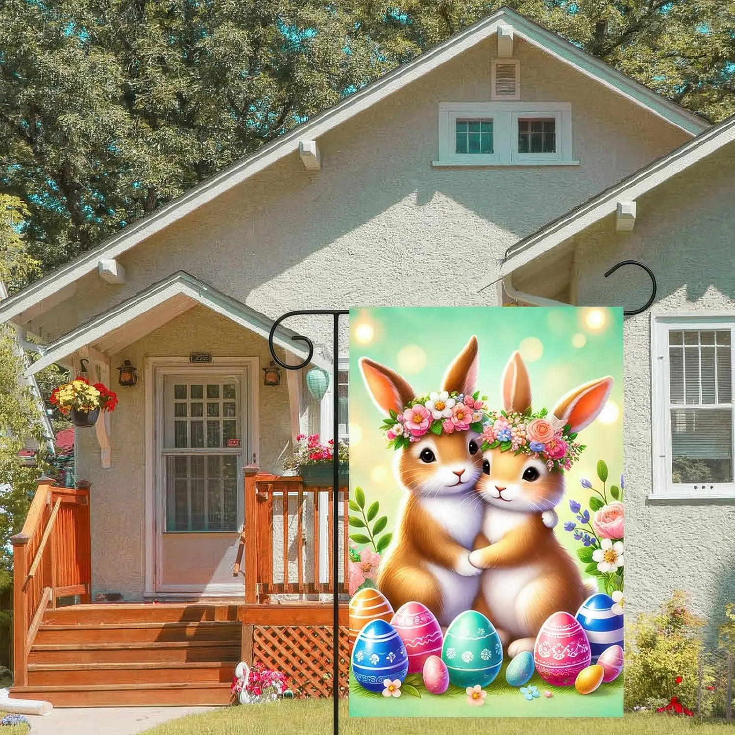 Welcome Easter Garden Flag 12x18 Inch Double Sided Bunny Floral Colorful Eggs Flags Easter Decor for Outside Yard Porch Outd EEZ