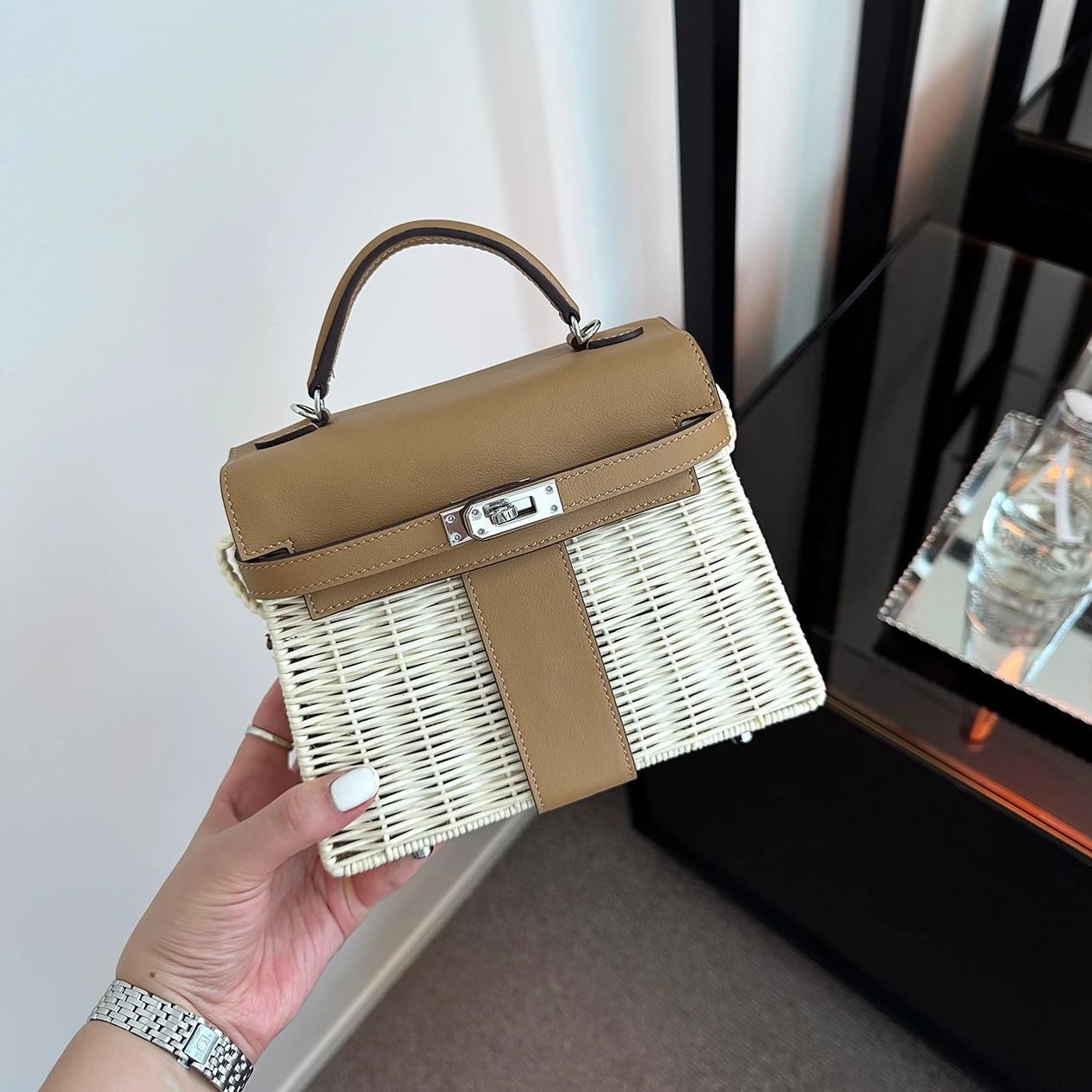 Bolsa crossbody feminina francesa de vero Bolsa de tecido de palha Kelly Picnic Basket Bag for Women