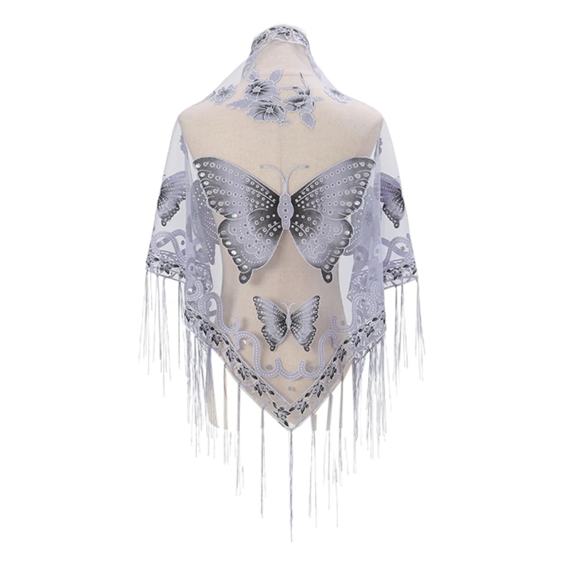 Lace Scarf Butterfly Embroidered Shawl Wrap Sheer Shawl With Fringe DXAA