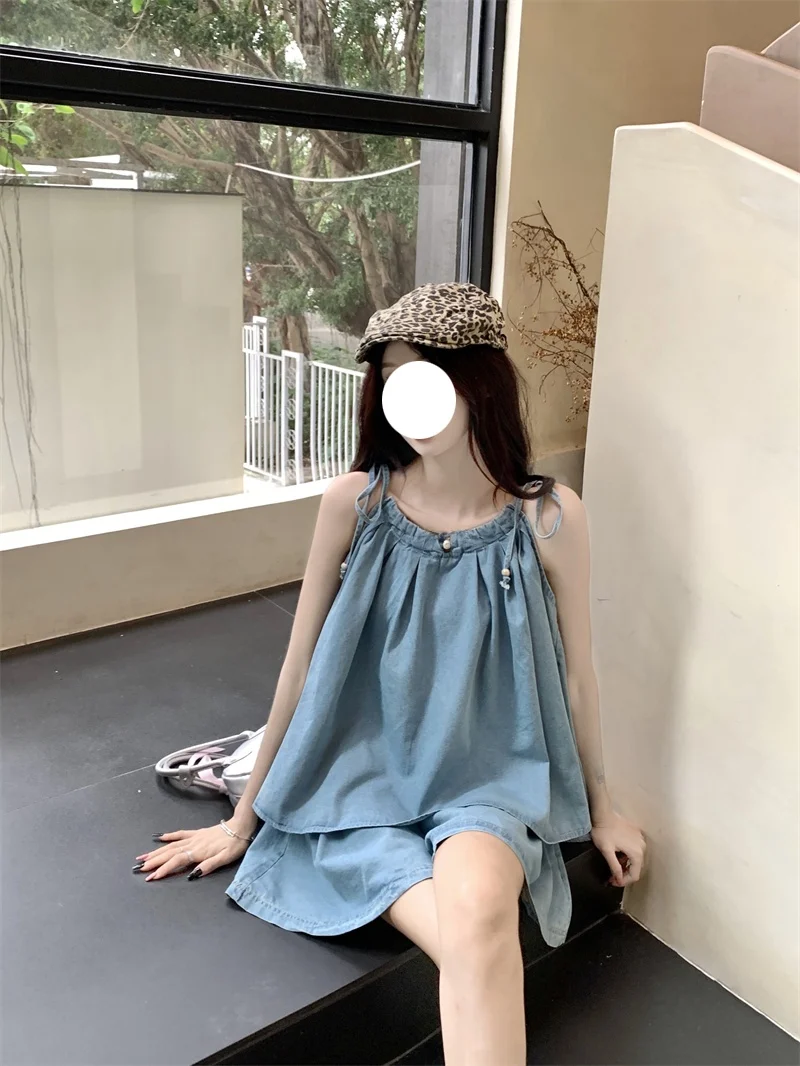 夏の甘辛デニムホルターネックトップとワイドレッグジーンズ レディースファッションセット トレンドのツーピースセット ポリエステル