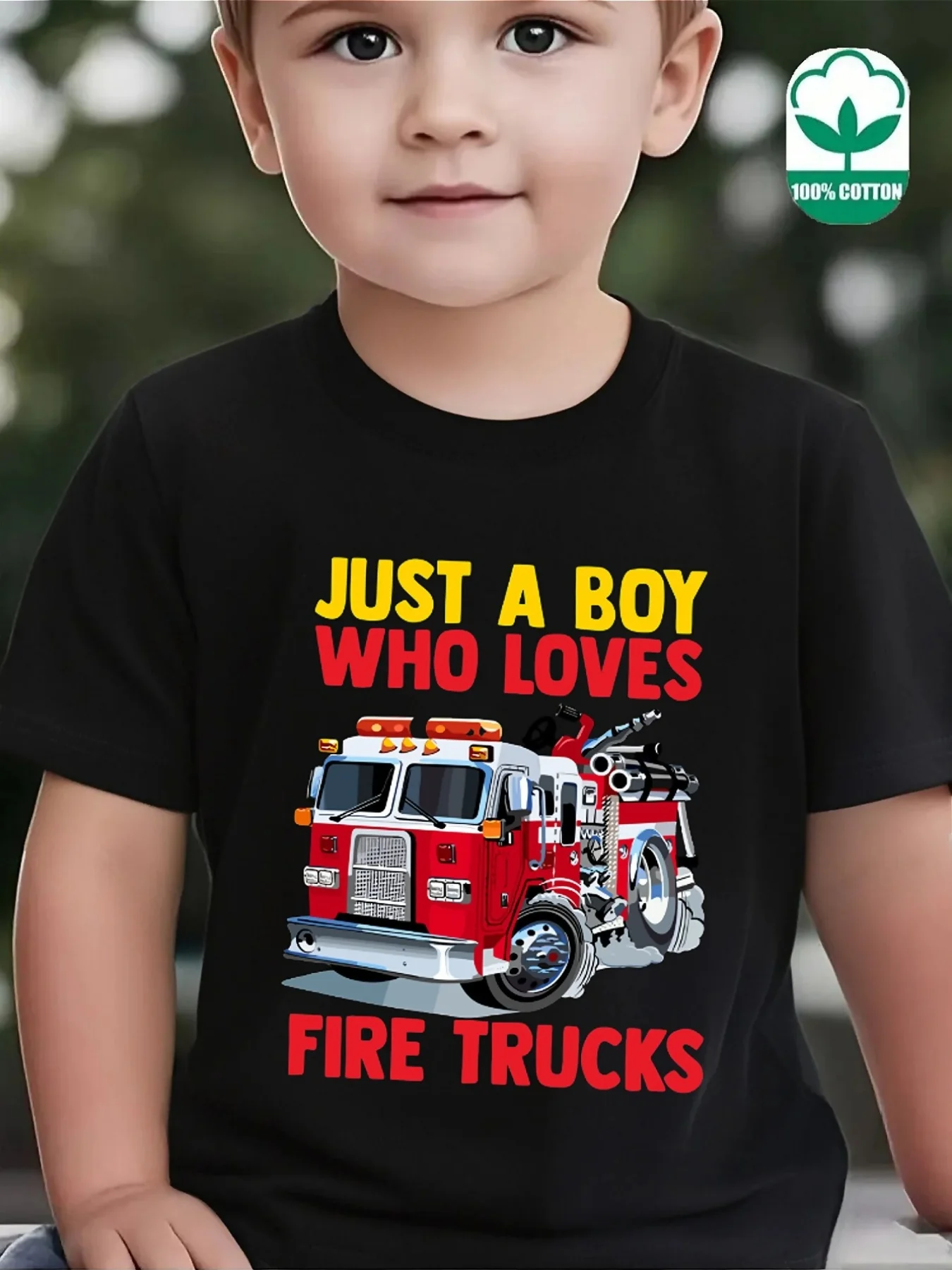 Cute Just A Boy Who Loves Fire Trucks Print Family Matching T Shirt Boys Girls Short Sleeve Parent Child Soft Cotton Casual Tops